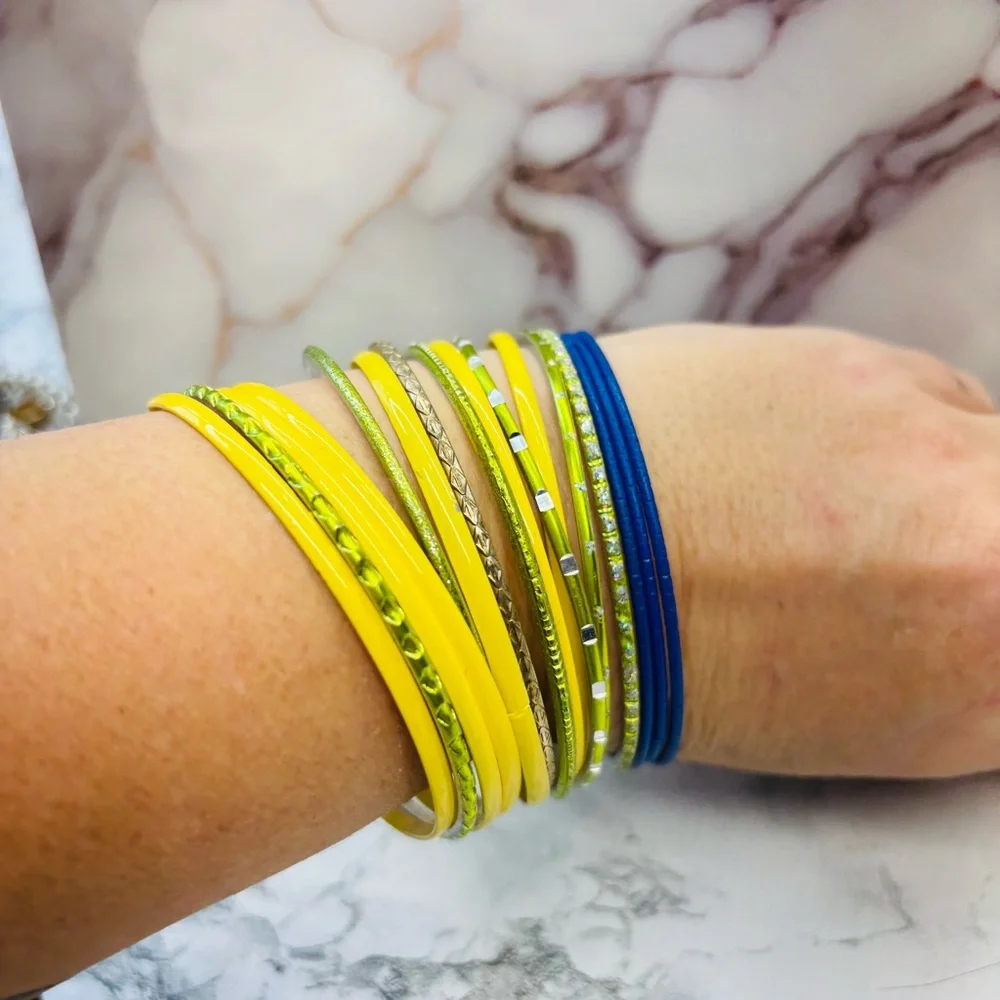 Bohemian Green Yellow and Blue Bangle Set of 16